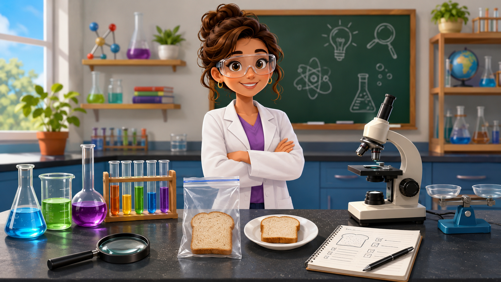 Professor Marie Sparks standing in the Pocket Lint University science laboratory.